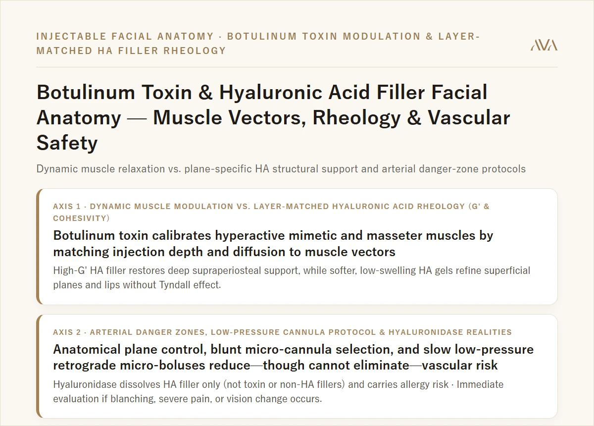 Botulinum Toxin and Hyaluronic Acid Filler Facial Anatomy — Muscle Vectors, Layer-Matched HA Rheology, and Vascular Safety Summary Card