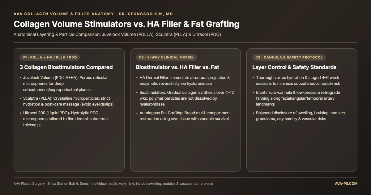 Collagen Volume Stimulators (Juvelook Volume, Sculptra, Ultracol) vs. Hyaluronic Acid Filler and Fat Grafting Anatomical Summary Card