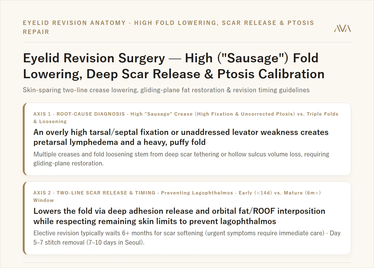 Revision Eyelid Surgery Anatomy — Lowering High Sausage Folds, Scar Release, and Ptosis Correction Summary Card