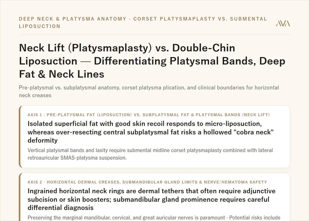 Neck Lift (Platysmaplasty) vs. Double-Chin Liposuction — Differentiating Platysmal Bands, Deep Fat & Neck Lines Summary Card