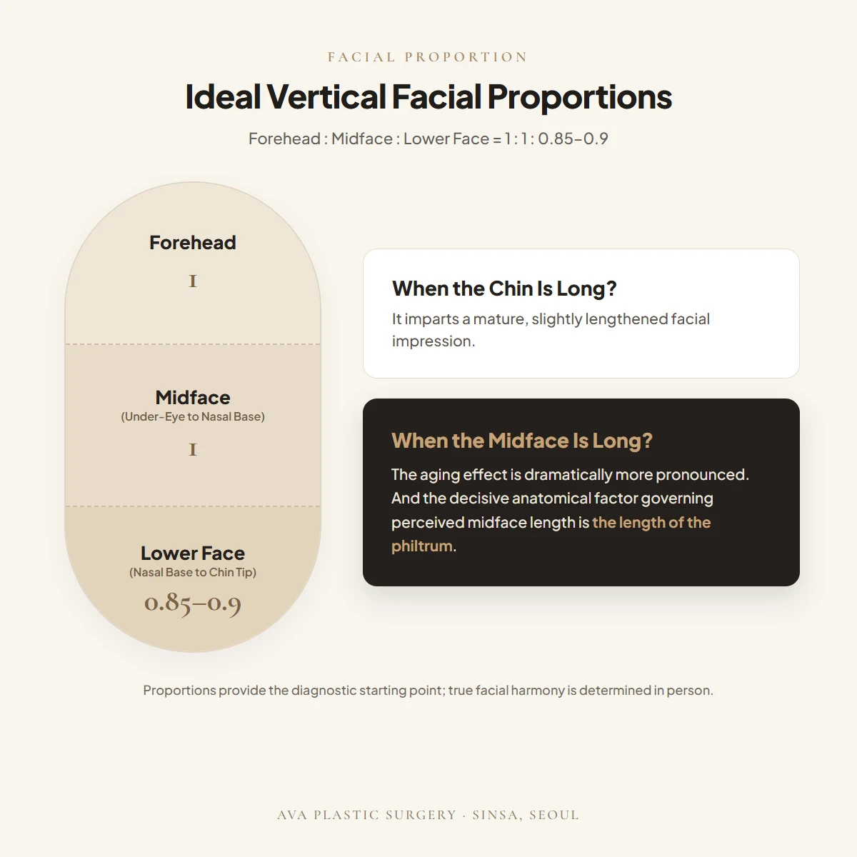 Ideal Vertical Facial Proportions: Forehead : Midface : Lower Face = 1 : 1 : 0.85-0.9