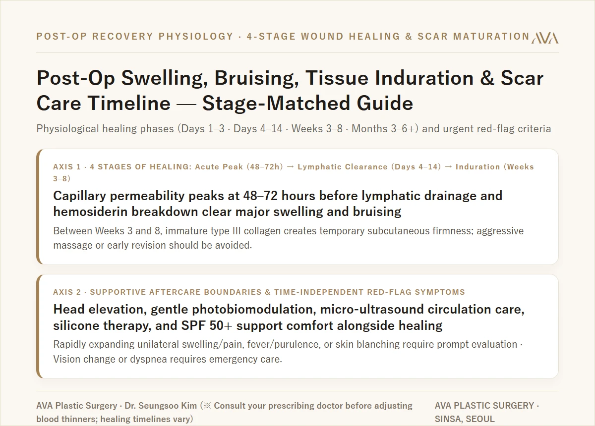 Post-Op Swelling, Bruising, Deep Induration, and Scar Care 4-Stage Recovery Timeline Summary Card
