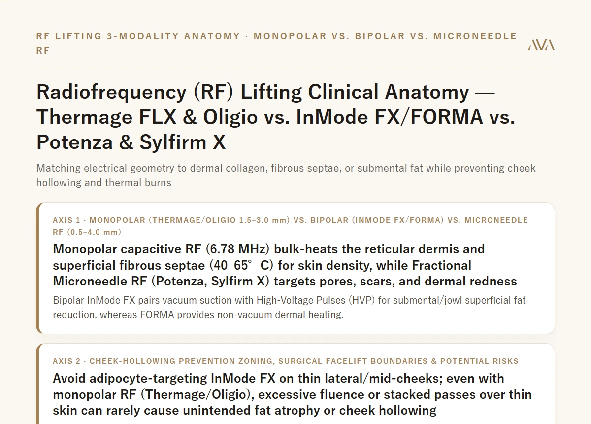 Radiofrequency (RF) Lifting 3-Modality Clinical Anatomy — Monopolar (Thermage FLX, Oligio) vs. Bipolar (InMode FX, FORMA) vs. Microneedle RF (Potenza, Sylfirm X) Summary Card