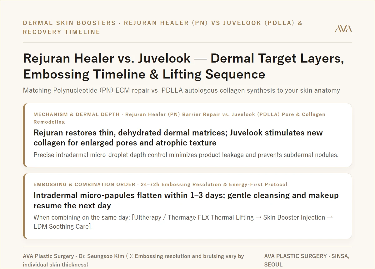 Rejuran Healer PN vs Juvelook PDLLA Dermal Target Layer and Recovery Timeline Summary Card