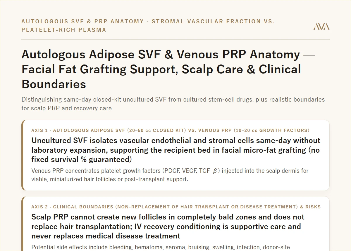 Autologous Adipose SVF & Venous PRP Regenerative Care Anatomy — Facial Fat Grafting, Scalp Follicle Support & Recovery Safety Summary Card