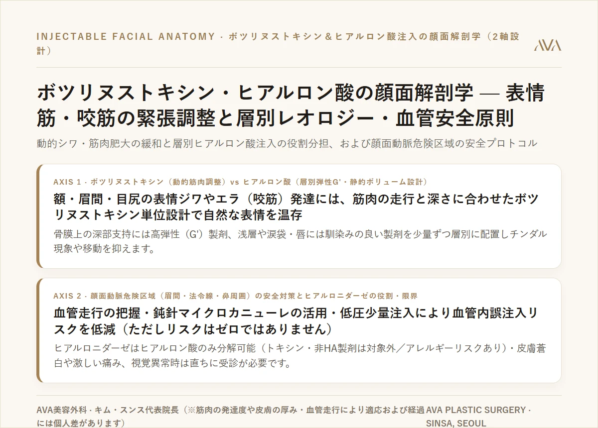 ボツリヌストキシン・ヒアルロン酸の顔面解剖学 — 表情筋・咬筋の緊張調整と層別レオロジー・血管安全原則