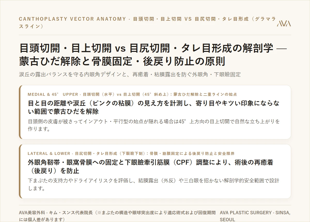 目頭切開・上目頭切開 vs 目尻切開・タレ目形成の解剖学 — 蒙古ひだ解除と外側骨膜・筋膜固定の安全限界線