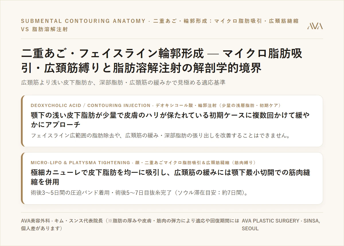 二重あご・フェイスライン輪郭形成 — 顔のマイクロ脂肪吸引・広頚筋縫縮とデオキシコール酸・輪郭注射の解剖学的境界