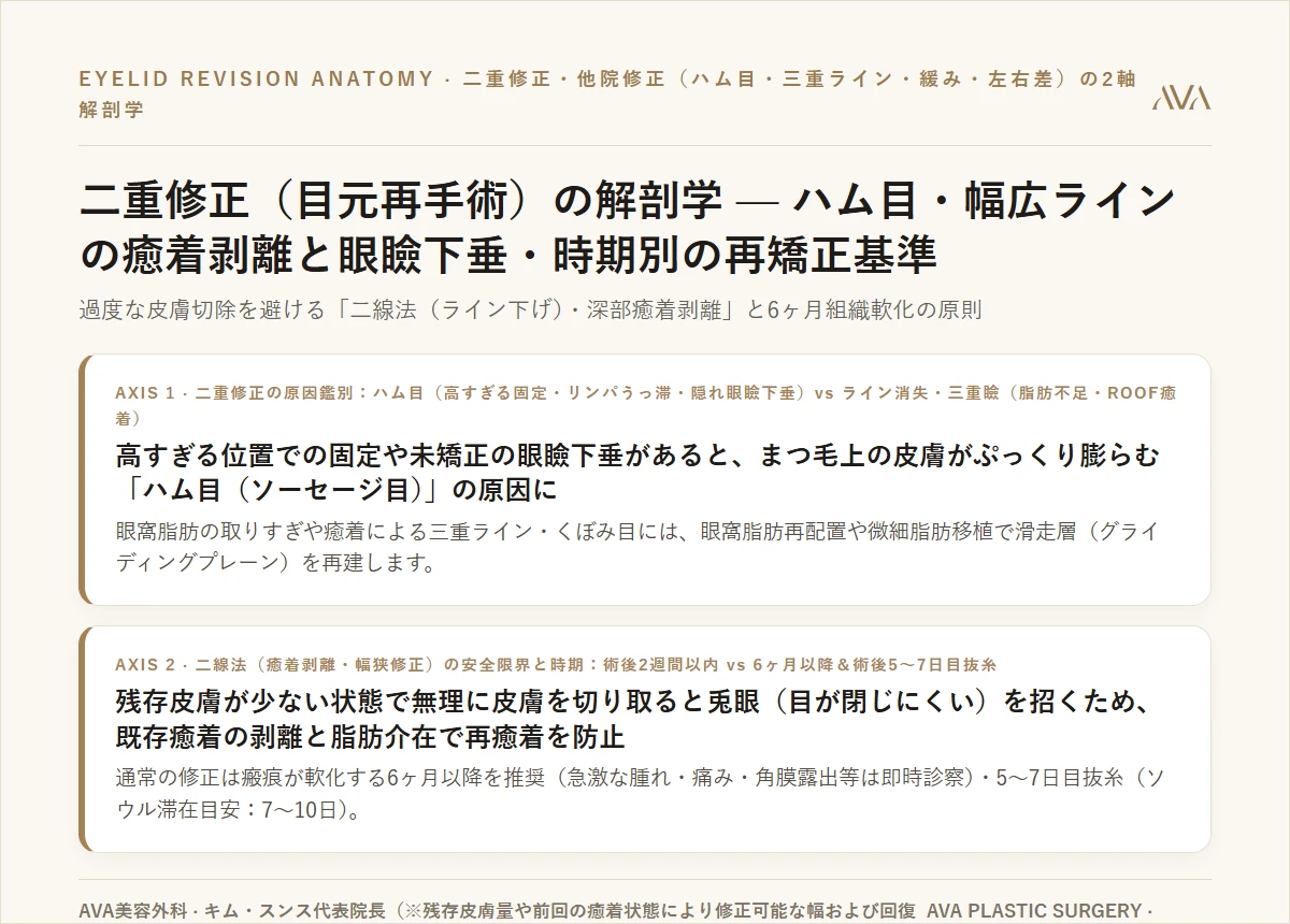 目元他院修正（二重再手術）の解剖学 — ハム目（幅広二重）を狭くする「二線切開（トゥジュルタギ）」・癒着剥離と三重まぶた・眼瞼下垂矯正の基準