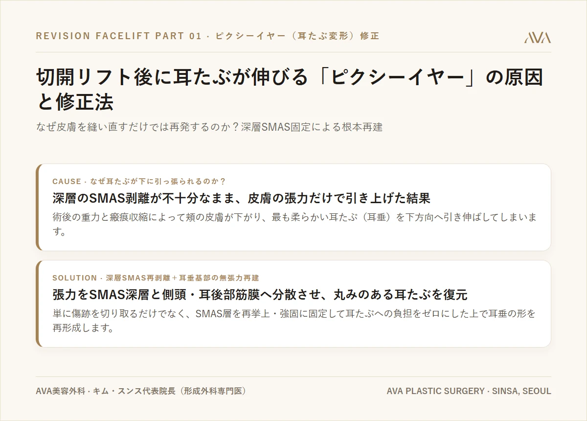 切開リフト修正（第1回）：耳たぶが下に伸びる「ピクシーイヤー（耳垂変形）」の原因と根本再建法