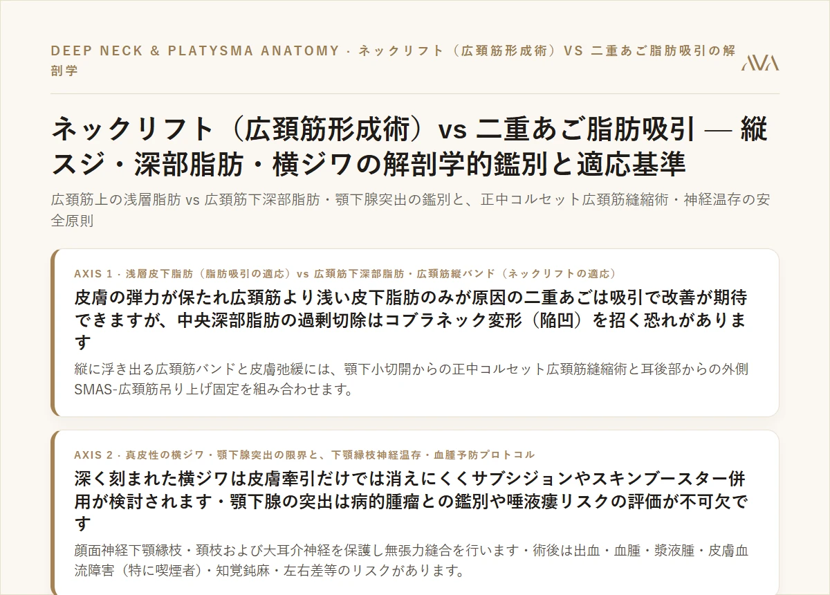ネックリフト（広頚筋形成術）vs 二重あご脂肪吸引 — 縦スジ・深部脂肪・横ジワの解剖学的鑑別と適応基準まとめカード