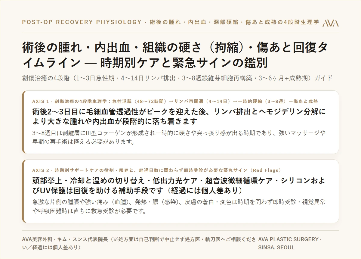美容整形後の腫れ・内出血・深部硬結・傷跡の4段階回復タイムラインと危険サイン鑑別ガイド