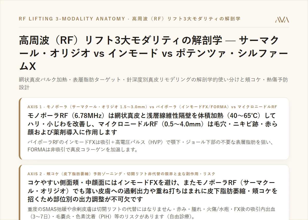 高周波（RF）リフト3大機序の解剖学 — モノポーラ（サーマクールFLX・オリジオ）vs バイポーラ（インモードFX・フォーマ）vs マイクロニードルRF（ポテンツァ・シルファームX）比較カード