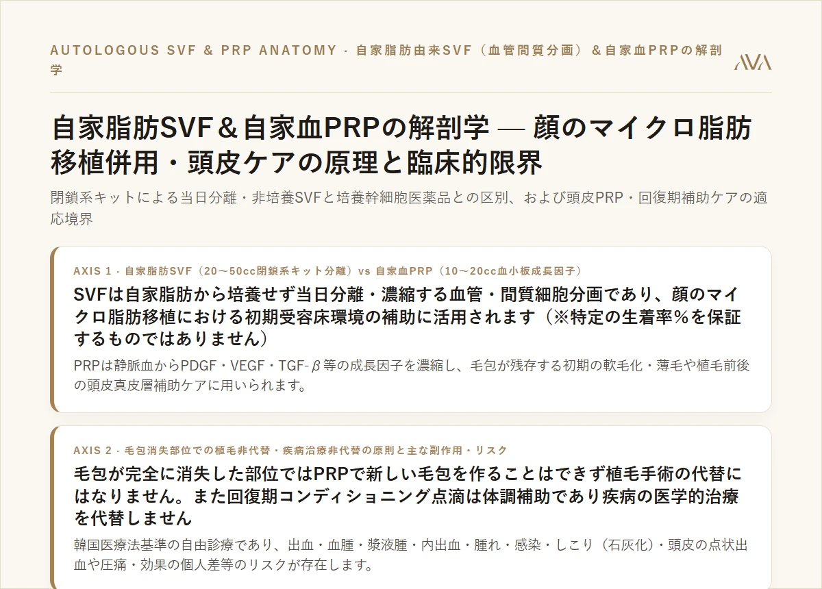 自家脂肪SVF（血管間質分画）＆自家血PRP（多血小板血漿）再生ケア解剖学 — 顔の脂肪注入・頭皮毛包・回復点滴の適応と安全基準まとめカード