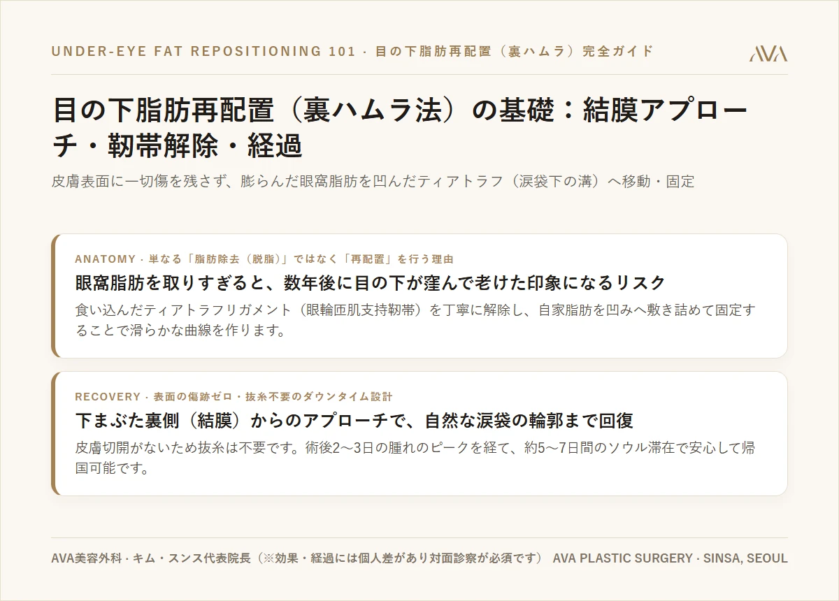 目の下脂肪再配置（裏ハムラ法）完全ガイド：表面の傷跡ゼロで黒クマ・膨らみを解消する解剖学原理