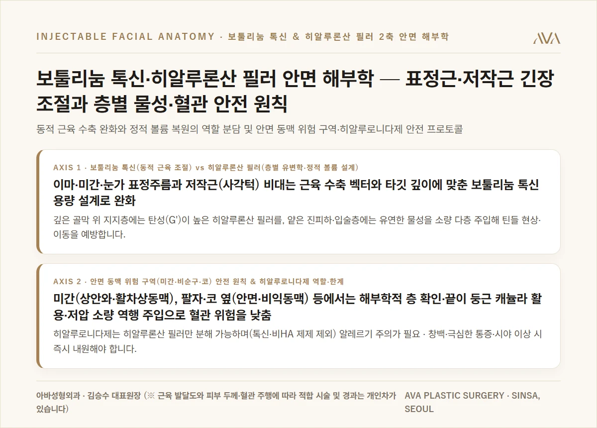 보툴리눔 톡신 및 히알루론산 필러 2축 안면 해부학 — 표정근·저작근 긴장 조절과 층별 물성·혈관 안전 원칙