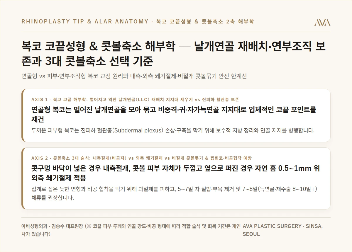 복코 코끝성형 및 콧볼축소 2축 해부학 — 날개연골 재배치·연부조직 보존과 3대 콧볼축소 선택 기준