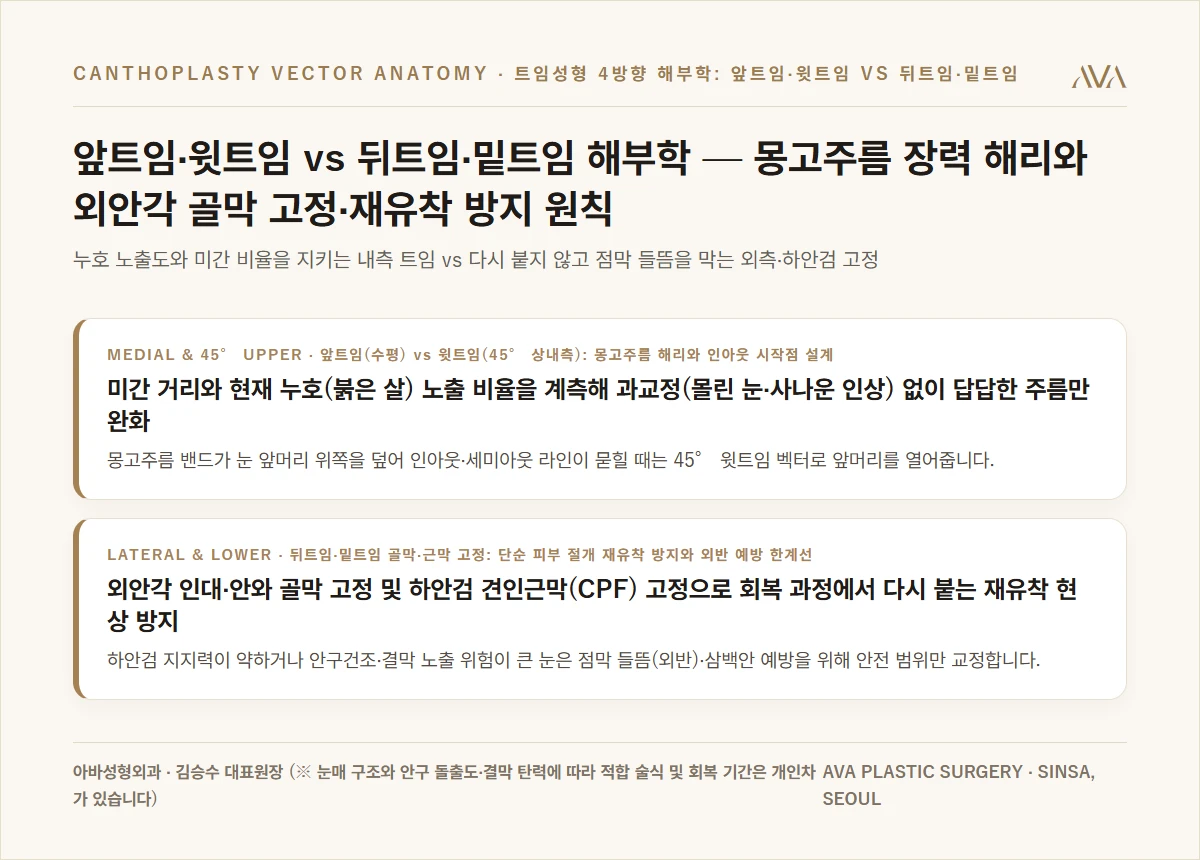 앞트임·윗트임 vs 뒤트임·밑트임 해부학 — 몽고주름 장력 해리와 외안각 골막 고정·재유착 방지 원칙 요약 카드