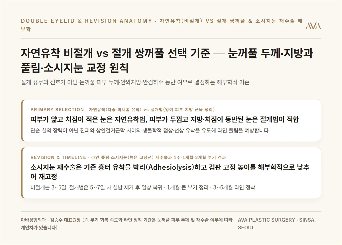 자연유착 비절개 vs 절개 쌍꺼풀 및 소시지눈 눈재수술 해부학적 선택 기준 요약 카드