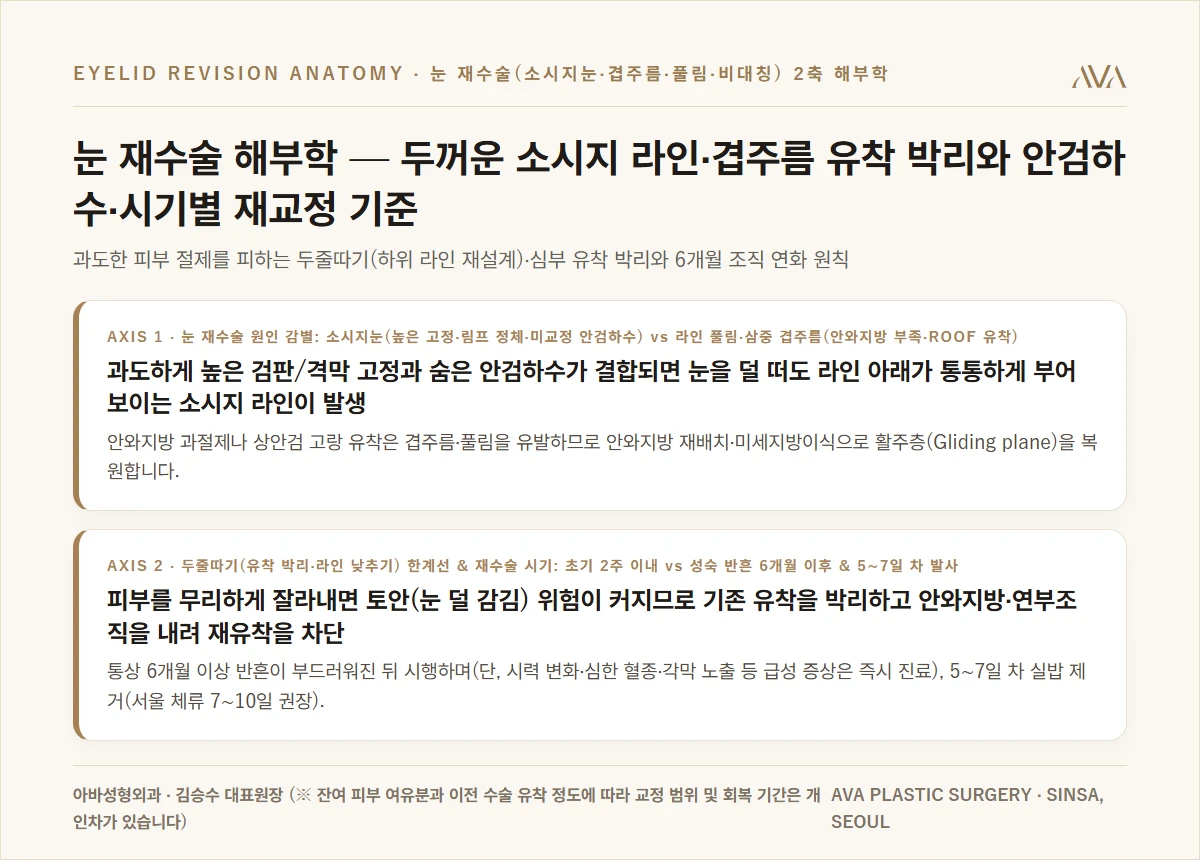 눈재수술 해부학 — 소시지눈 두줄따기·심부 유착 박리와 겹주름·짝눈·안검하수 교정 요약 카드