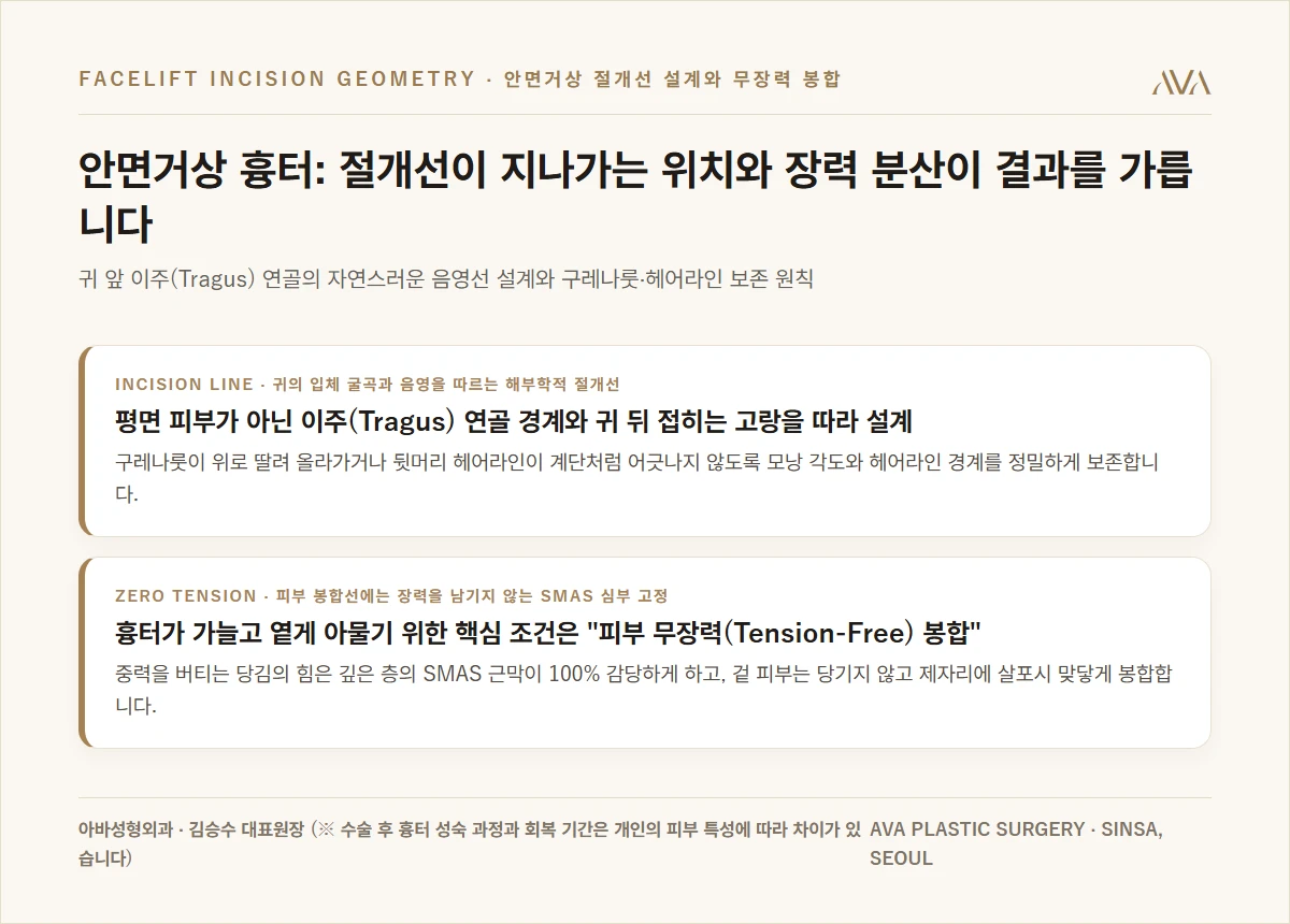 안면거상 흉터와 절개선 위치의 해부학 요약 카드
