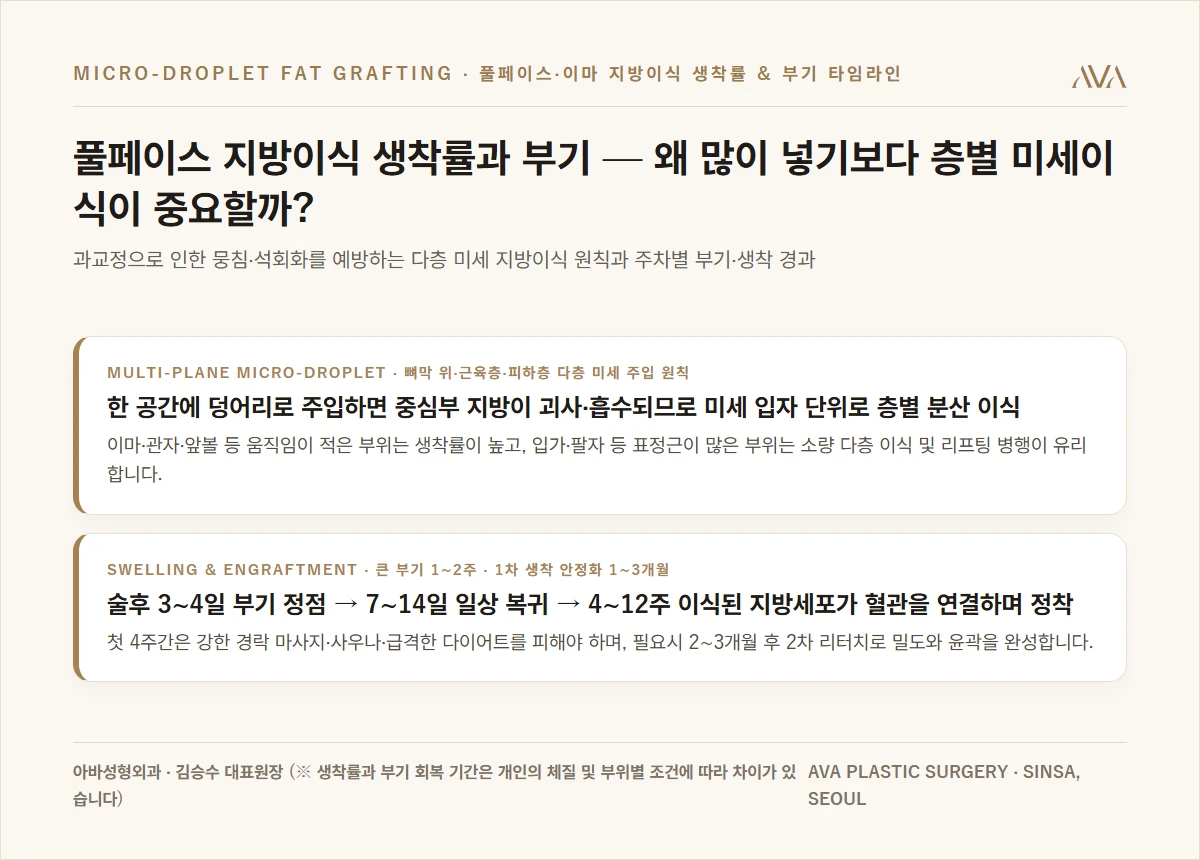 풀페이스·이마 지방이식 생착률과 부기 타임라인 요약 카드