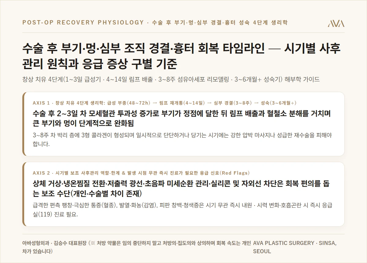 성형수술 후 부기·멍·바이오본드·흉터 회복 4단계 타임라인 및 사후관리 원칙 요약 카드