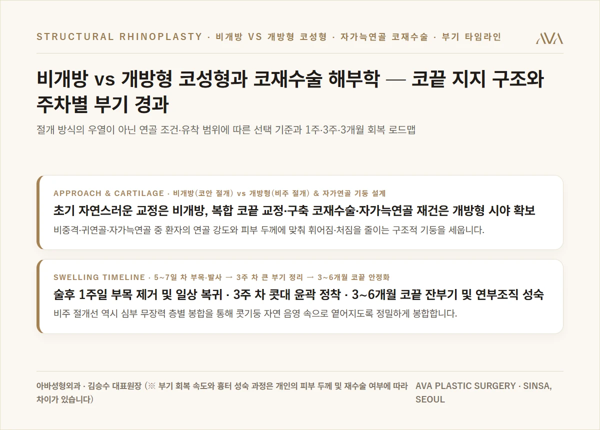 비개방 vs 개방형 코성형과 자가늑연골 코재수술 및 부기 타임라인 요약 카드