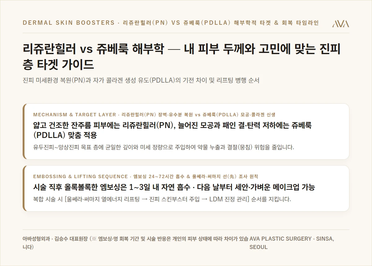 리쥬란힐러 vs 쥬베룩 해부학적 진피층 타겟과 회복 타임라인 요약 카드
