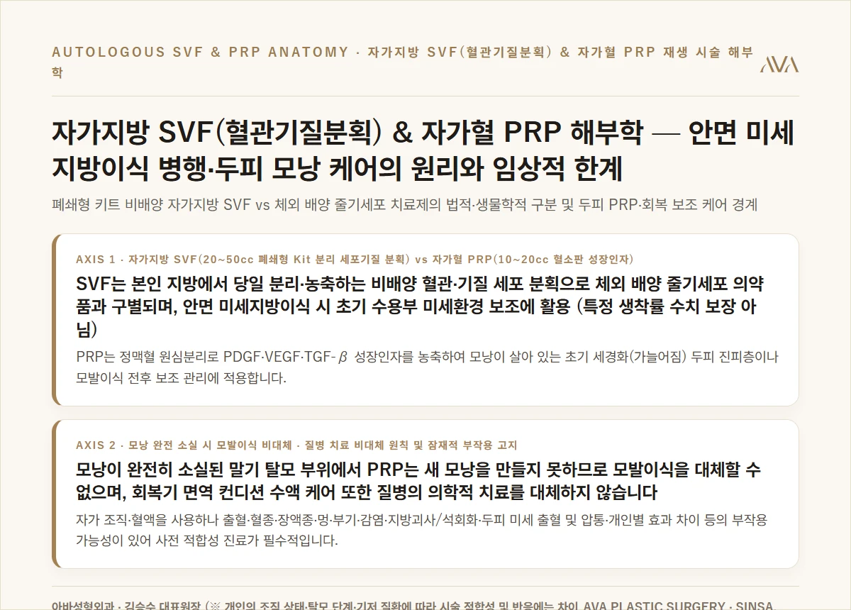 자가지방 SVF(혈관기질분획) & 자가혈 PRP(혈소판 풍부 혈장) 재생케어 해부학 — 안면 지방이식·두피 모낭·회복 컨디셔닝 적응증과 안전 기준 요약 카드