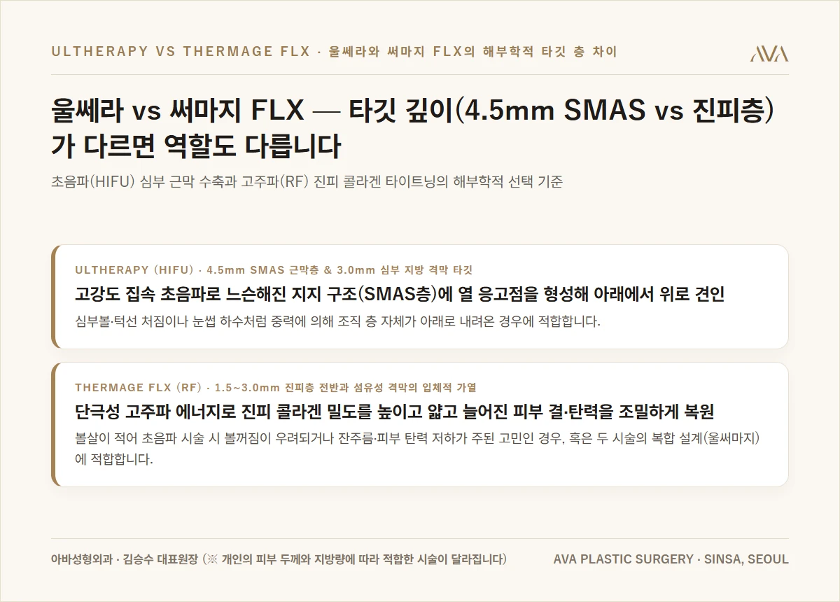 울쎄라 vs 써마지 FLX 해부학적 타깃 층 비교 카드
