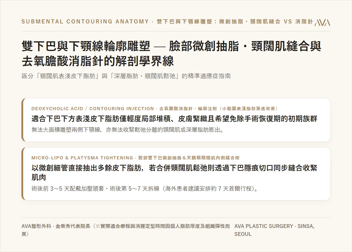 雙下巴與下顎線輪廓雕塑 — 臉部微創抽脂・頸闊肌縫合與去氧膽酸消脂針的解剖學界線