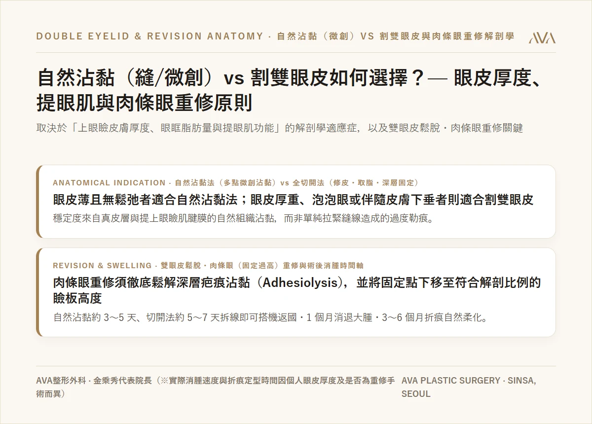 自然沾黏（微創）vs 割雙眼皮如何選擇？— 眼皮厚度、提眼肌與肉條眼重修解剖學