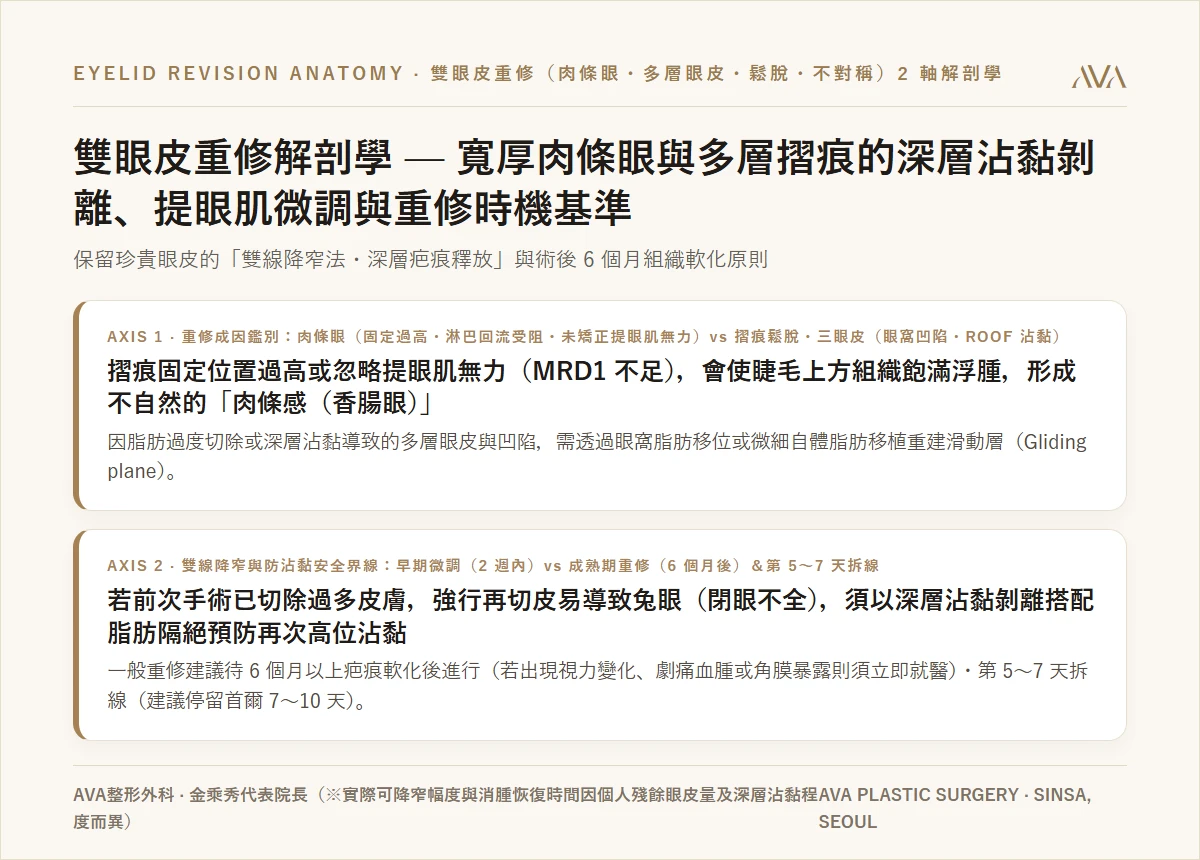 雙眼皮重修（眼部修復）解剖學 — 肉條眼（寬折線）降窄「雙線切開（Two-Line）」・深層沾黏剝離與多層眼皮・提眼瞼肌矯正基準