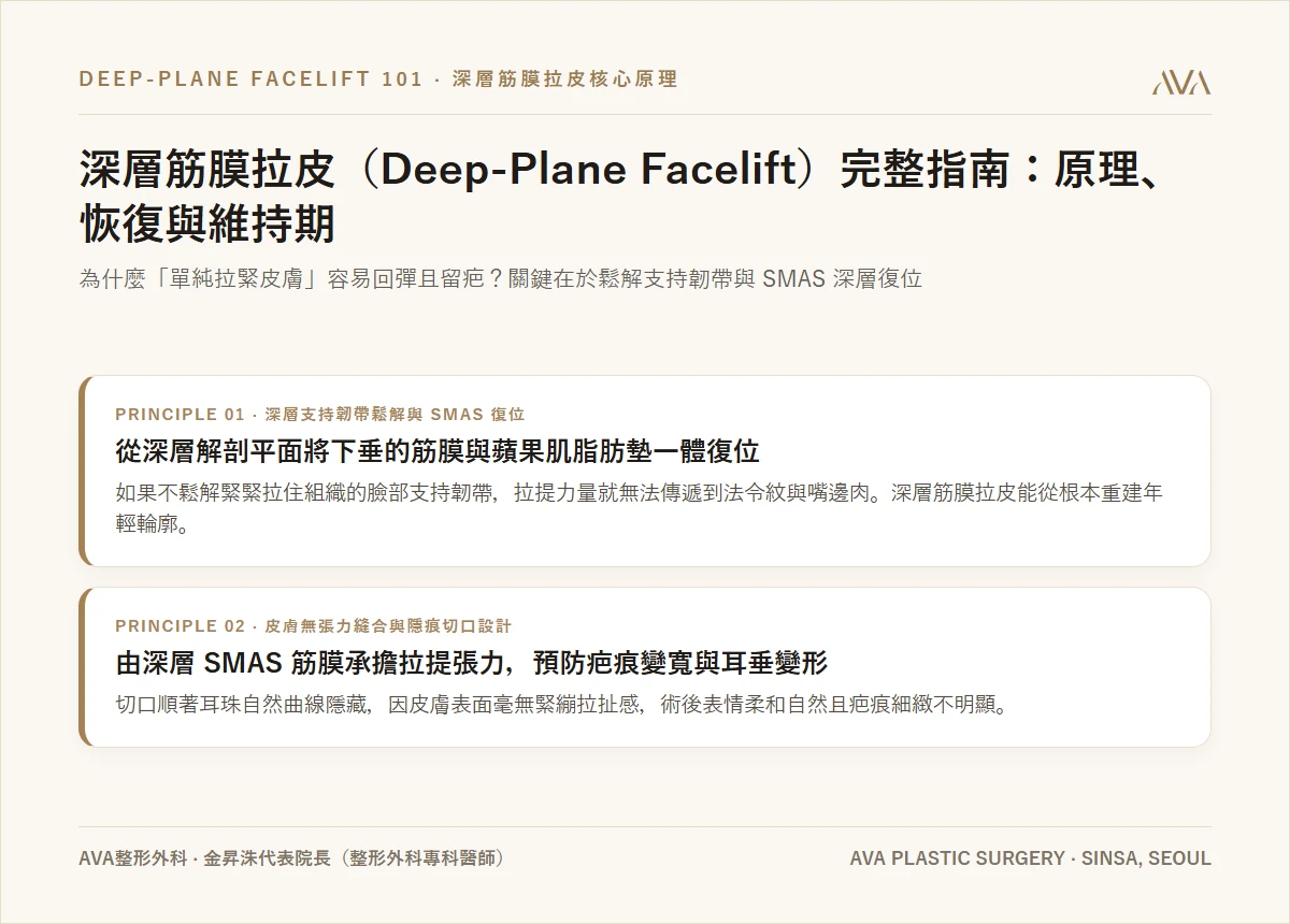 深層筋膜拉皮（Deep-Plane Facelift）完整指南 — SMAS 剝離、支持韌帶與恢復期真相