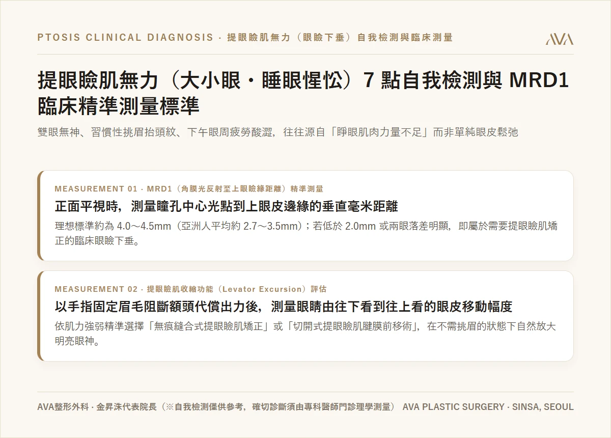 提眼瞼肌無力（眼瞼下垂・大小眼）7 點自我檢測與 MRD1 臨床精準測量標準