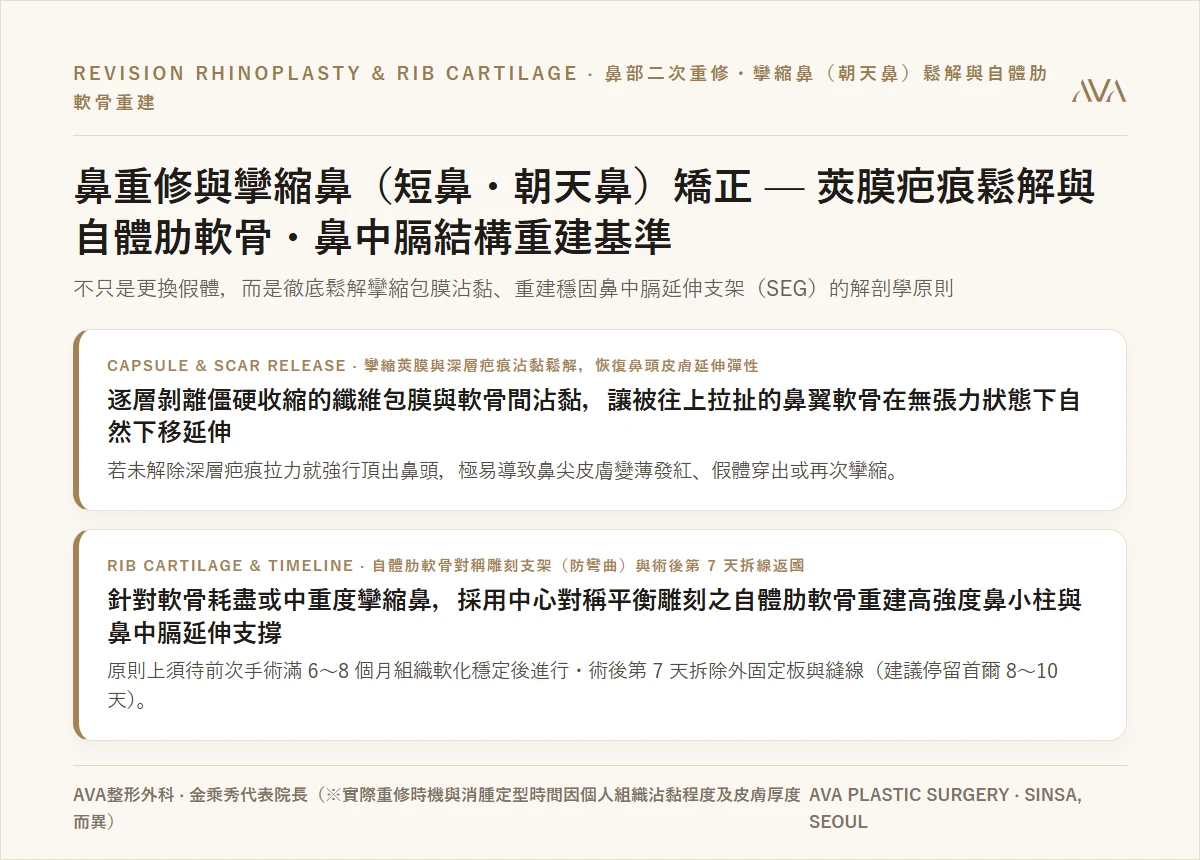 鼻重修（二次隆鼻）與攣縮鼻・朝天鼻矯正解剖學 — 莢膜疤痕鬆解與自體肋軟骨支架重建標準