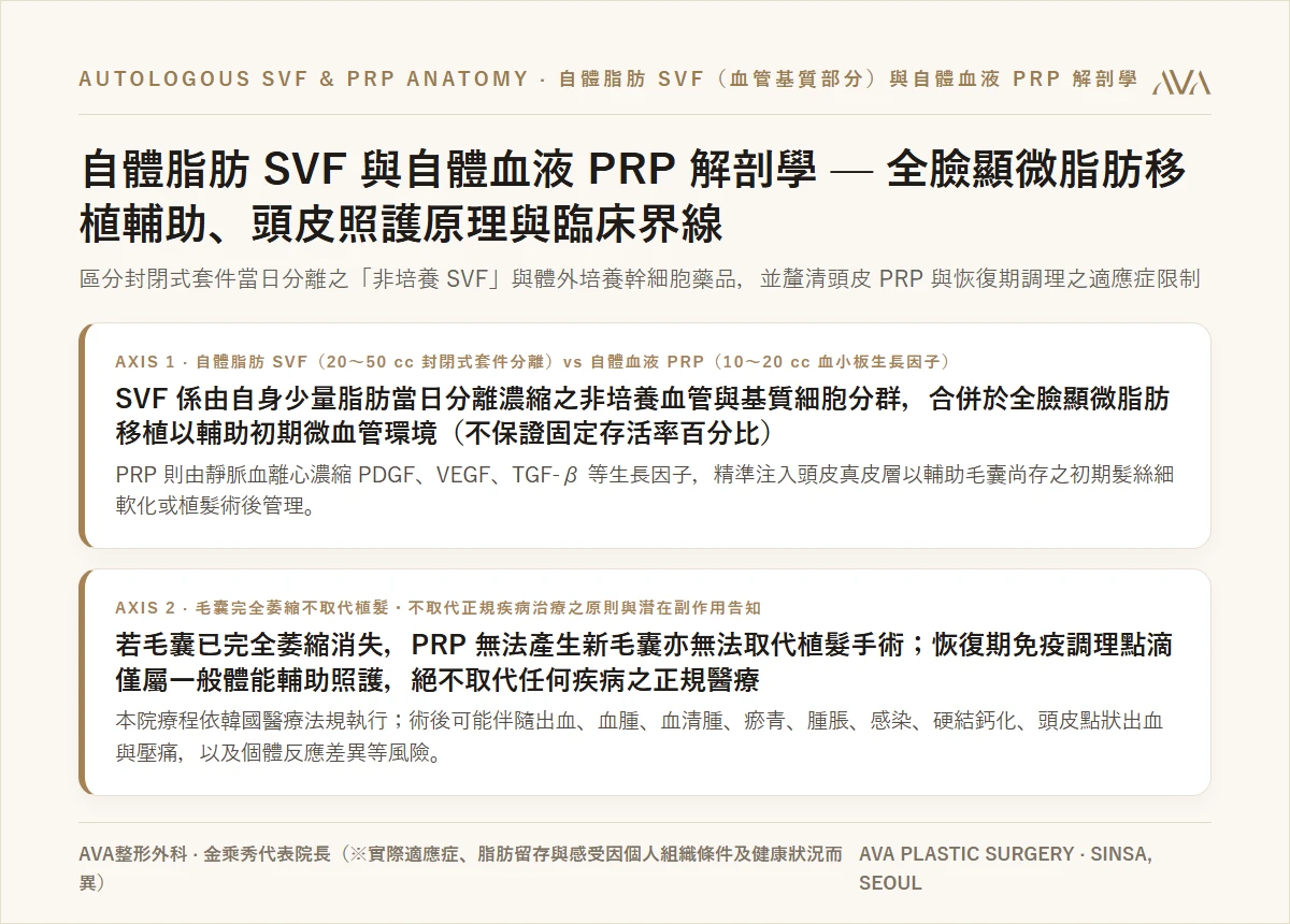 自體脂肪 SVF（血管基質血管分餾物）與自體血 PRP（高濃度血小板血漿）再生照護解剖學 — 臉部補脂、頭皮毛囊與修復點滴安全準則摘要卡