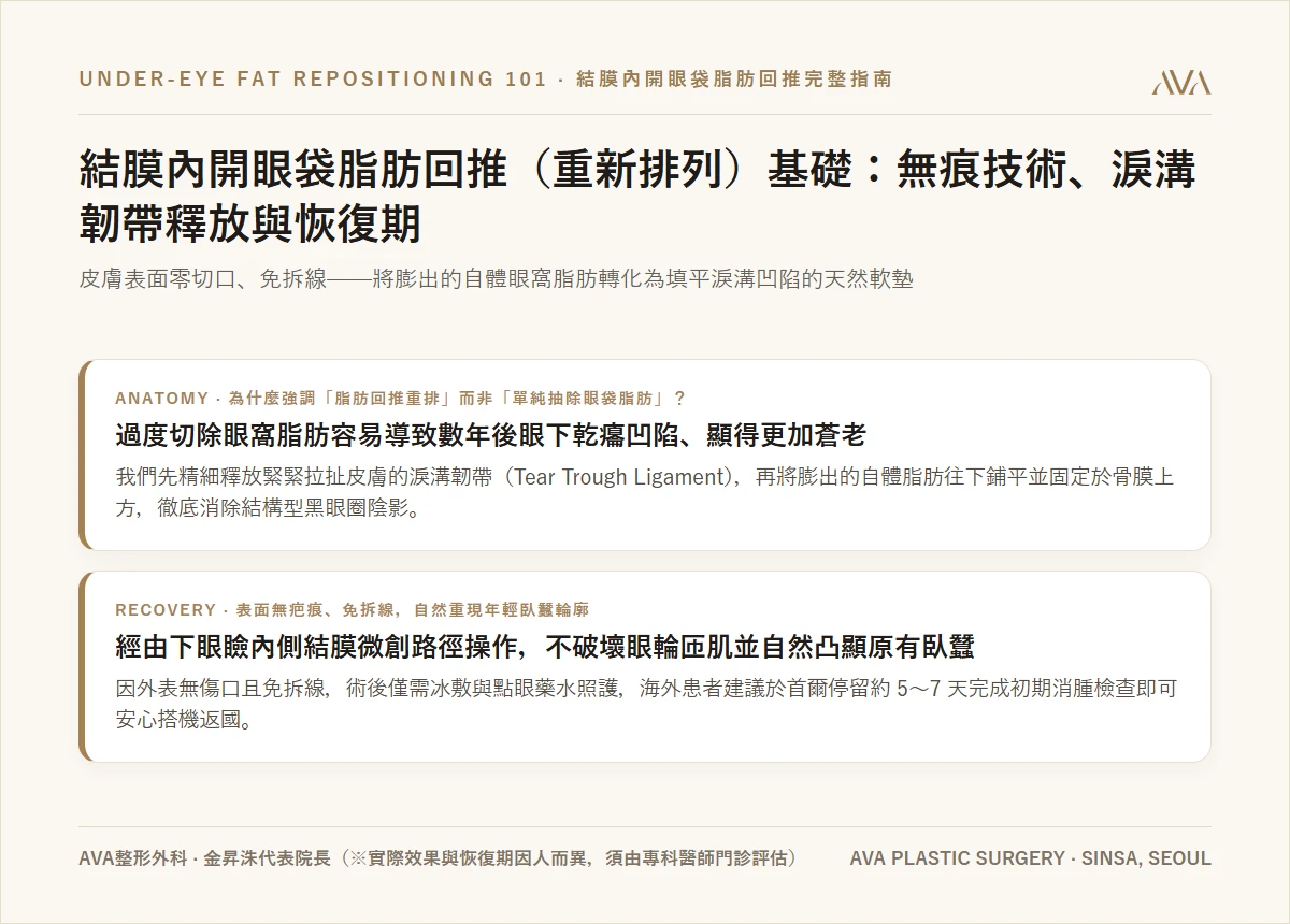 結膜內開眼袋脂肪回推（重新排列）完整指南：表面零疤痕消除眼袋與淚溝的解剖原理